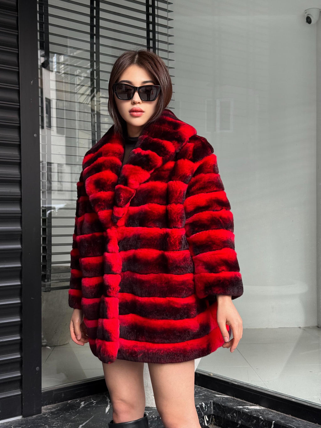 RED Luxury Handmade Women Chinchilla Pattern Rex Fur Long Coat | Soft Luxury Transformer Real Rex Fur Jacket Winter Outwear | Gift For Her