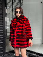 RED Luxury Handmade Women Chinchilla Pattern Rex Fur Long Coat | Soft Luxury Transformer Real Rex Fur Jacket Winter Outwear | Gift For Her