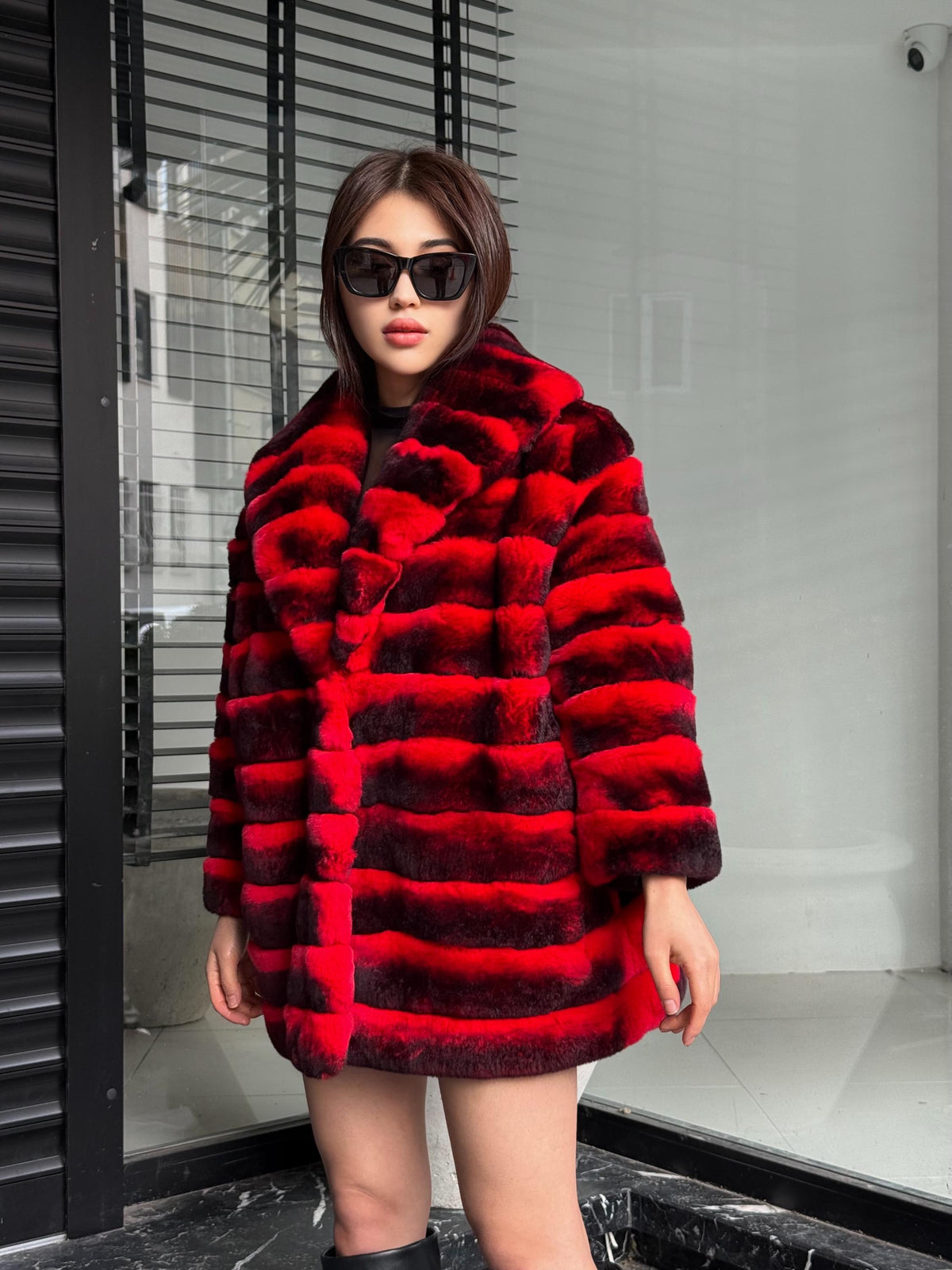 RED Luxury Handmade Women Chinchilla Pattern Rex Fur Long Coat | Soft Luxury Transformer Real Rex Fur Jacket Winter Outwear | Gift For Her