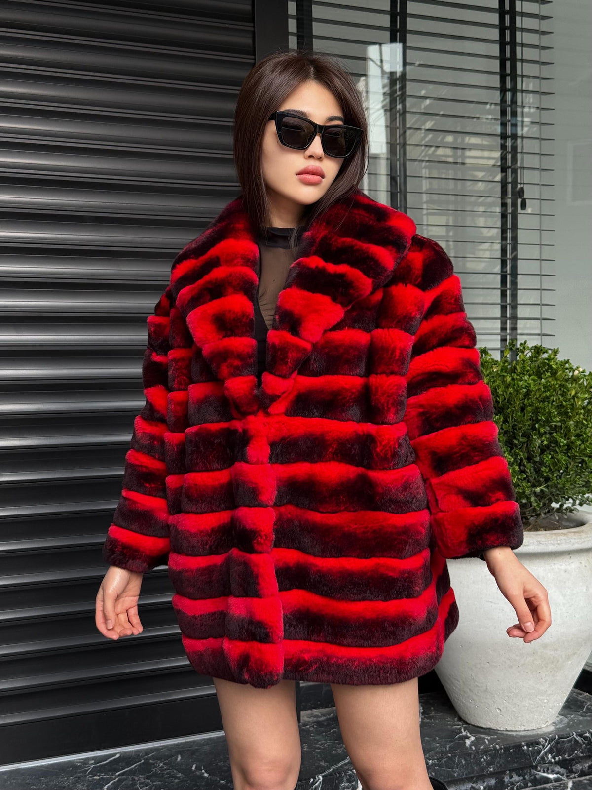 RED Luxury Handmade Women Chinchilla Pattern Rex Fur Long Coat | Soft Luxury Transformer Real Rex Fur Jacket Winter Outwear | Gift For Her