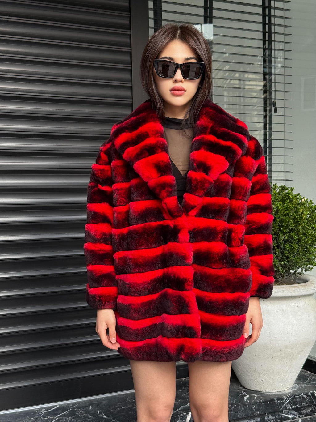 RED Luxury Handmade Women Chinchilla Pattern Rex Fur Long Coat | Soft Luxury Transformer Real Rex Fur Jacket Winter Outwear | Gift For Her
