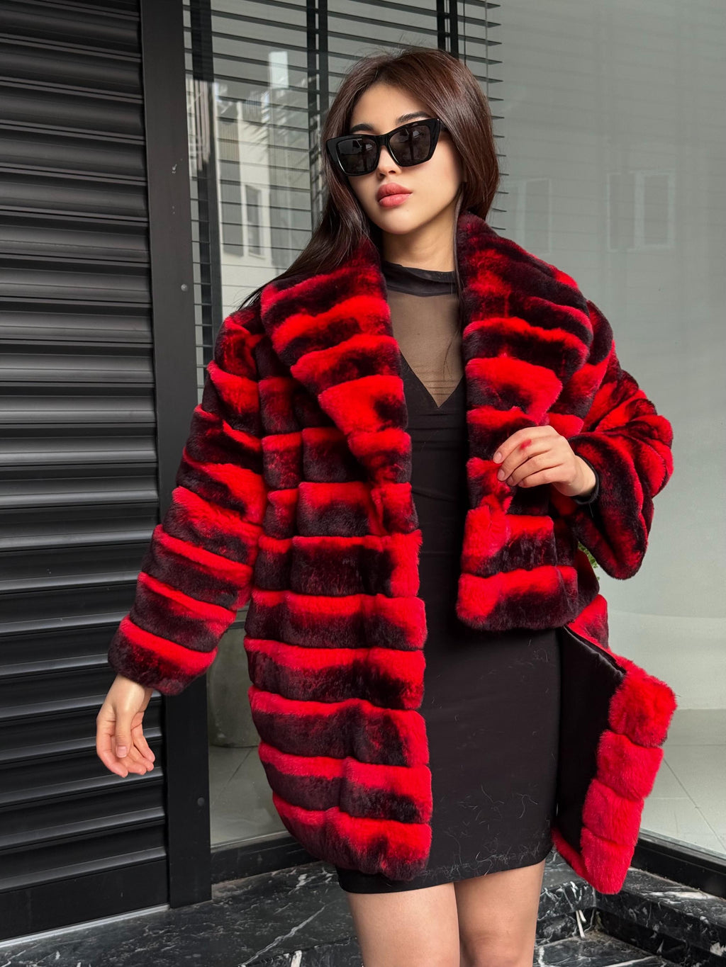 RED Luxury Handmade Women Chinchilla Pattern Rex Fur Long Coat | Soft Luxury Transformer Real Rex Fur Jacket Winter Outwear | Gift For Her