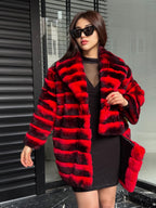 RED Luxury Handmade Women Chinchilla Pattern Rex Fur Long Coat | Soft Luxury Transformer Real Rex Fur Jacket Winter Outwear | Gift For Her