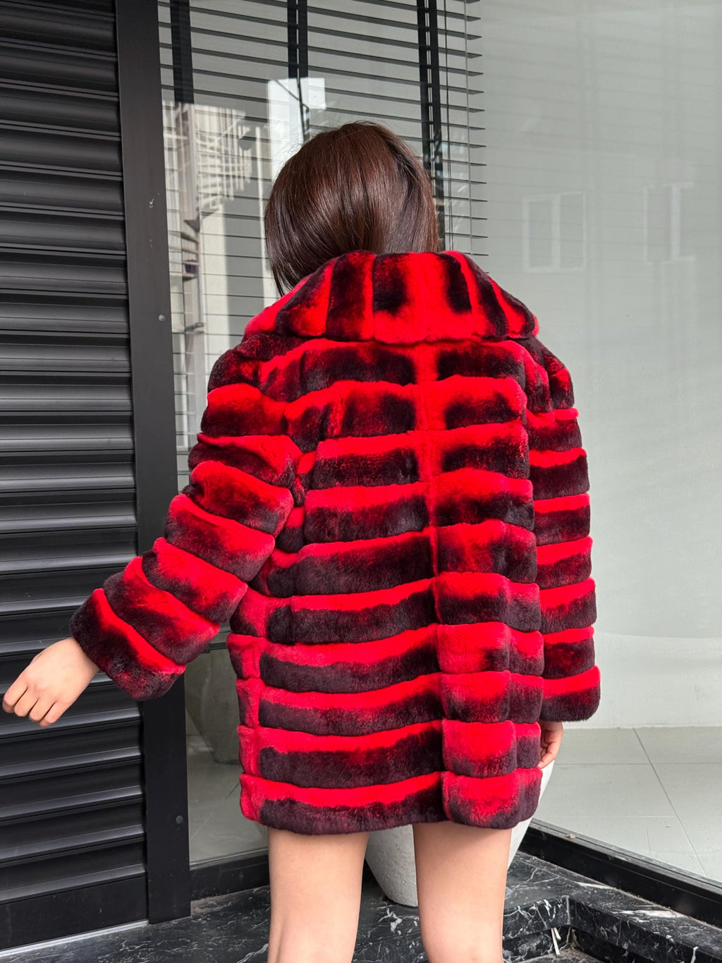 RED Luxury Handmade Women Chinchilla Pattern Rex Fur Long Coat | Soft Luxury Transformer Real Rex Fur Jacket Winter Outwear | Gift For Her