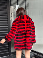 RED Luxury Handmade Women Chinchilla Pattern Rex Fur Long Coat | Soft Luxury Transformer Real Rex Fur Jacket Winter Outwear | Gift For Her