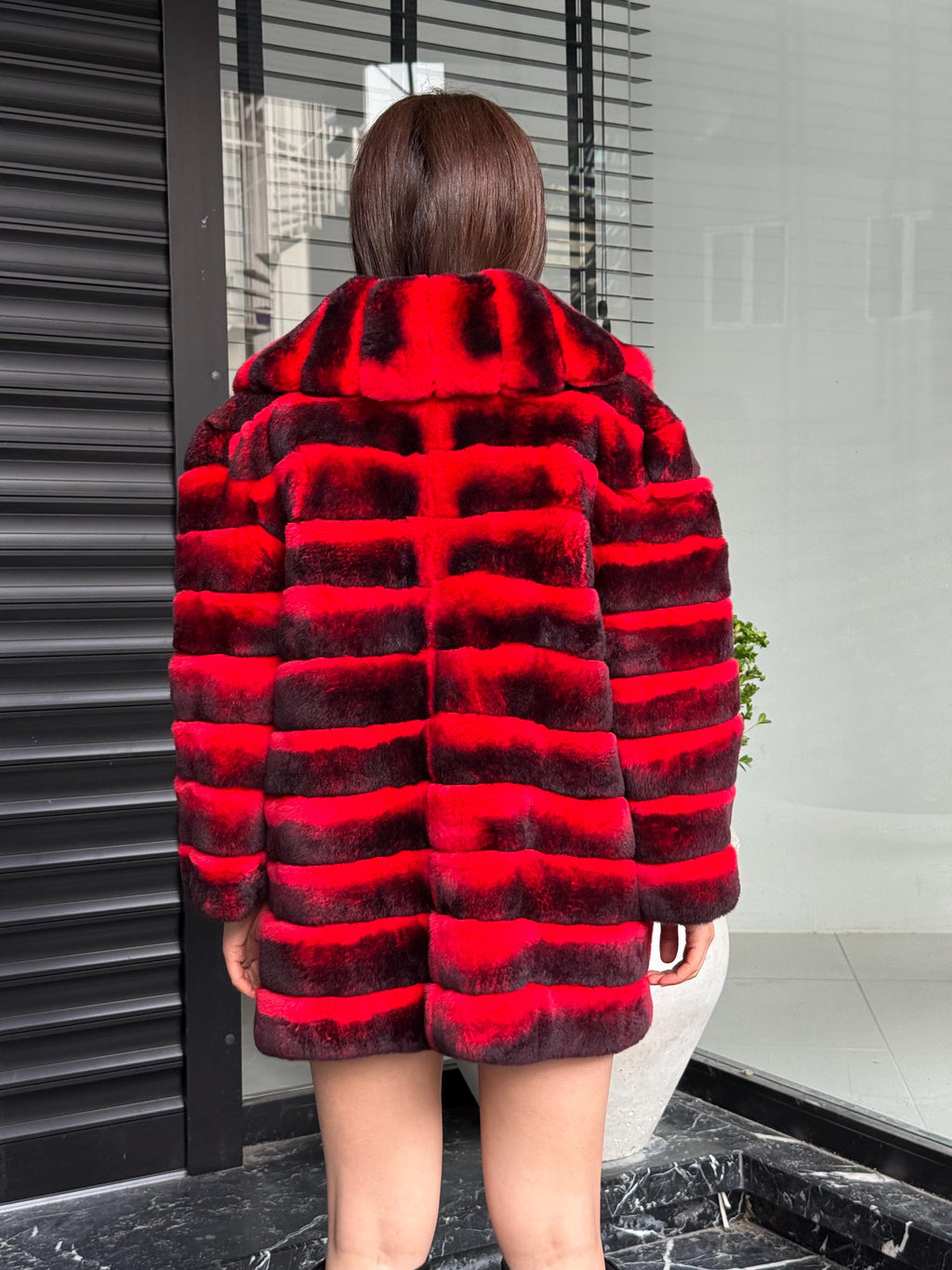 RED Luxury Handmade Women Chinchilla Pattern Rex Fur Long Coat | Soft Luxury Transformer Real Rex Fur Jacket Winter Outwear | Gift For Her