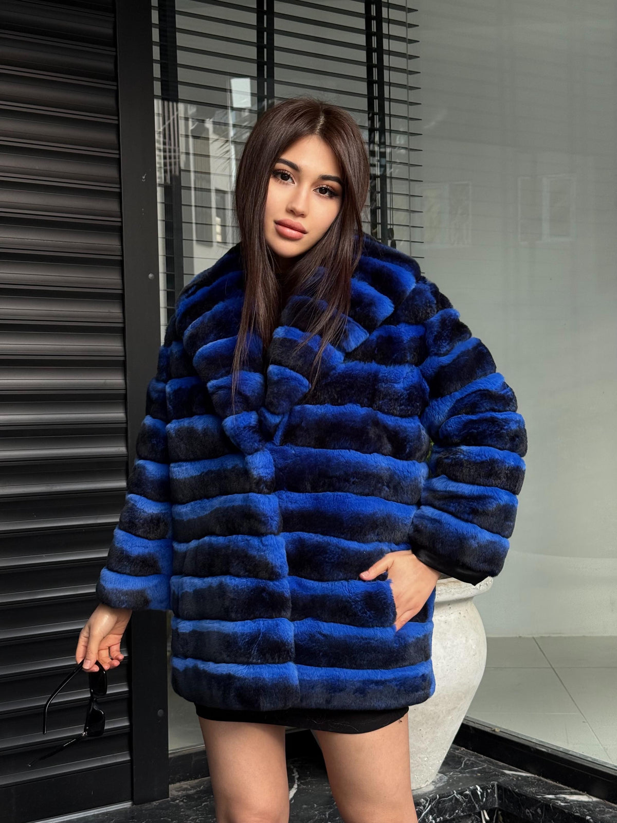 Sax Blue Handmade Luxury Chinchilla Pattern Rex Fur Coat, Blue Soft Rex Fur Jacket For Winter, Gift For Her, Transformer Rex Fur Coat