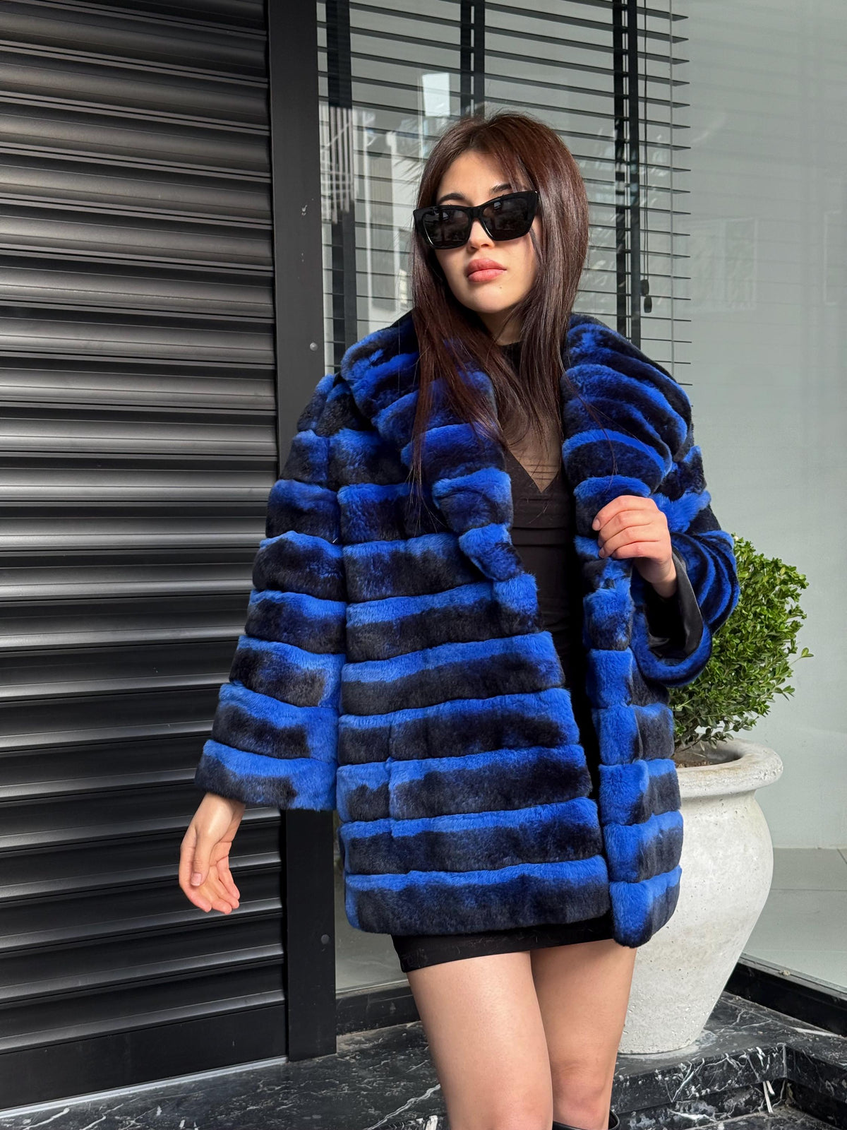 Sax Blue Handmade Luxury Chinchilla Pattern Rex Fur Coat, Blue Soft Rex Fur Jacket For Winter, Gift For Her, Transformer Rex Fur Coat