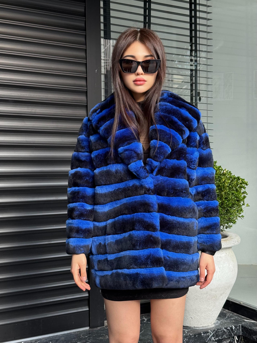 Sax Blue Handmade Luxury Chinchilla Pattern Rex Fur Coat, Blue Soft Rex Fur Jacket For Winter, Gift For Her, Transformer Rex Fur Coat
