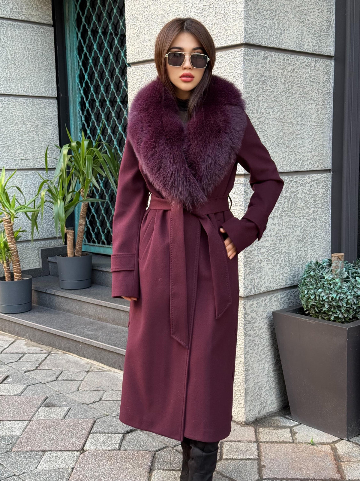Burgundy Long Cashmere Collar Fox Fur Coat- Women Fox Fur Jacket. - Premium Burgundy Fox Fur Jacket