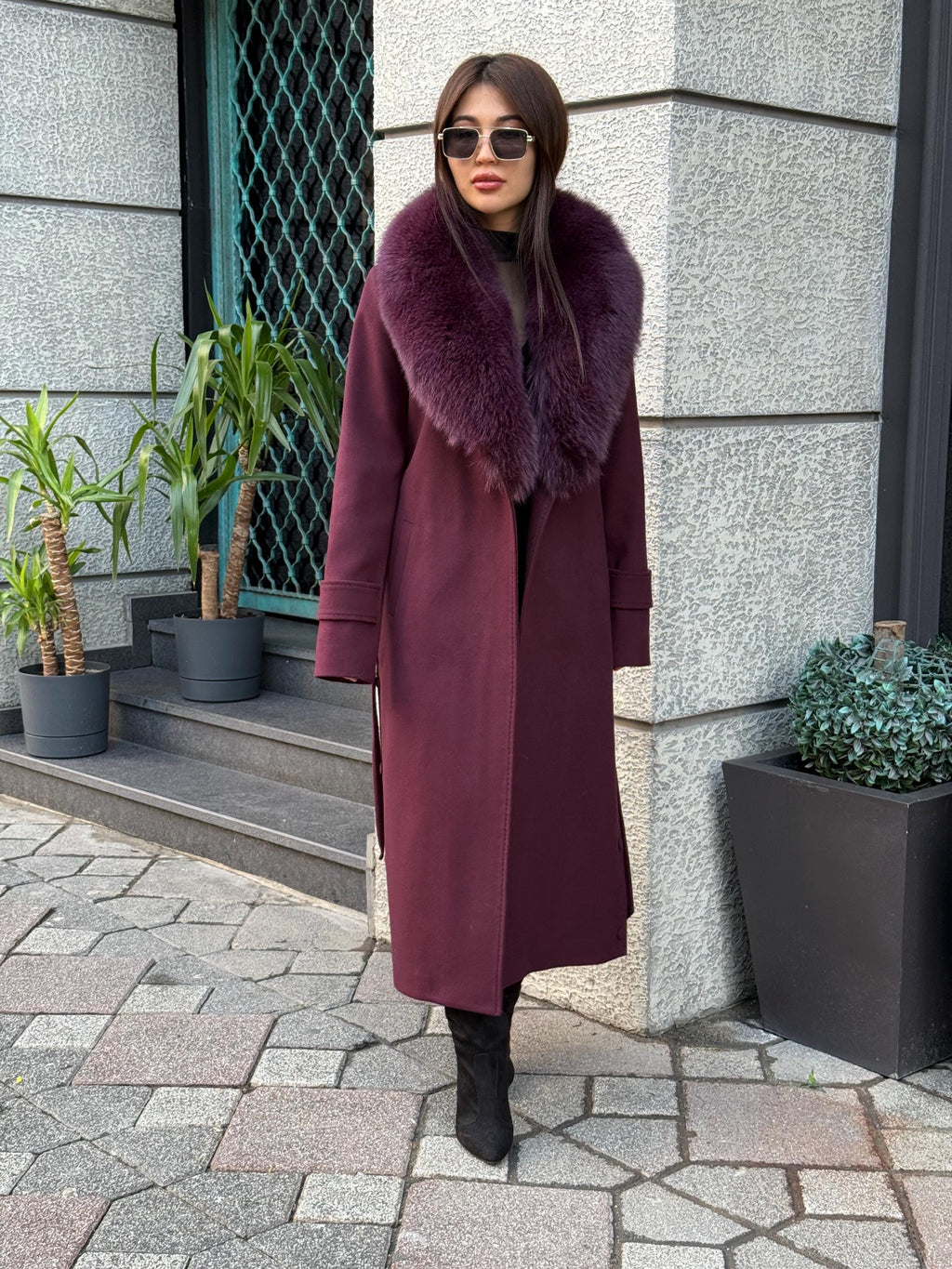 Burgundy Long Cashmere Collar Fox Fur Coat- Women Fox Fur Jacket. - Premium Burgundy Fox Fur Jacket