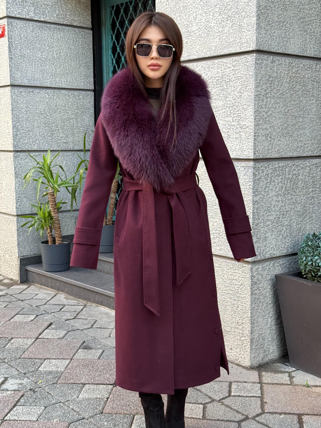 Burgundy Long Cashmere Collar Fox Fur Coat- Women Fox Fur Jacket. - Premium Burgundy Fox Fur Jacket