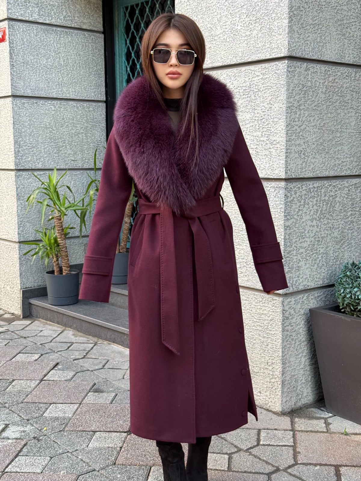 Burgundy Long Cashmere Collar Fox Fur Coat- Women Fox Fur Jacket. - Premium Burgundy Fox Fur Jacket