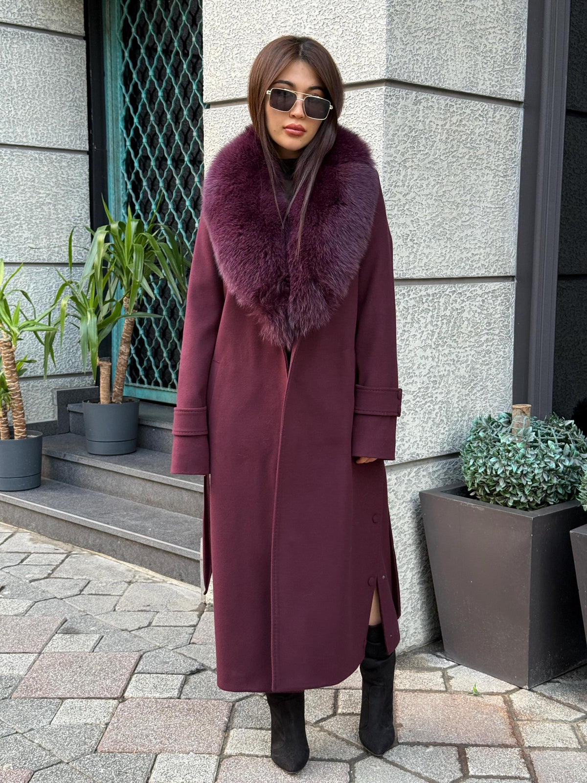 Burgundy Long Cashmere Collar Fox Fur Coat- Women Fox Fur Jacket. - Premium Burgundy Fox Fur Jacket