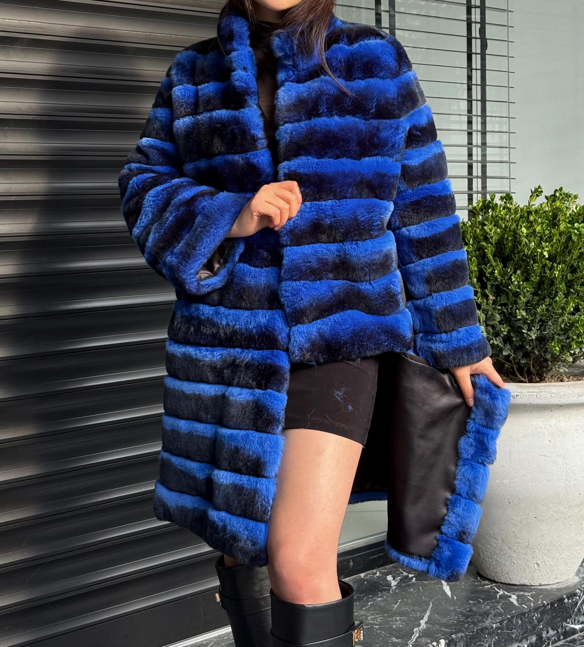 Sax Blue Luxury Handmade Women Chinchilla Pattern Rex Fur Coat | Soft Luxury Transformer Real Rex Fur Jacket Winter Outwear | Gift For Her
