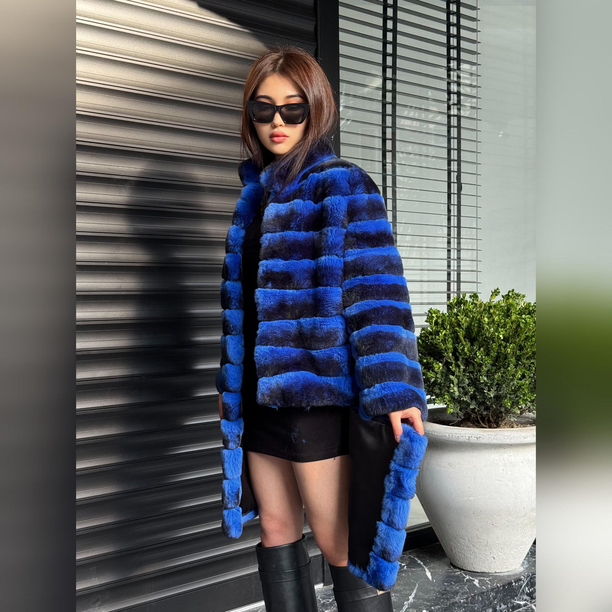 Sax Blue Luxury Handmade Women Chinchilla Pattern Rex Fur Coat | Soft Luxury Transformer Real Rex Fur Jacket Winter Outwear | Gift For Her