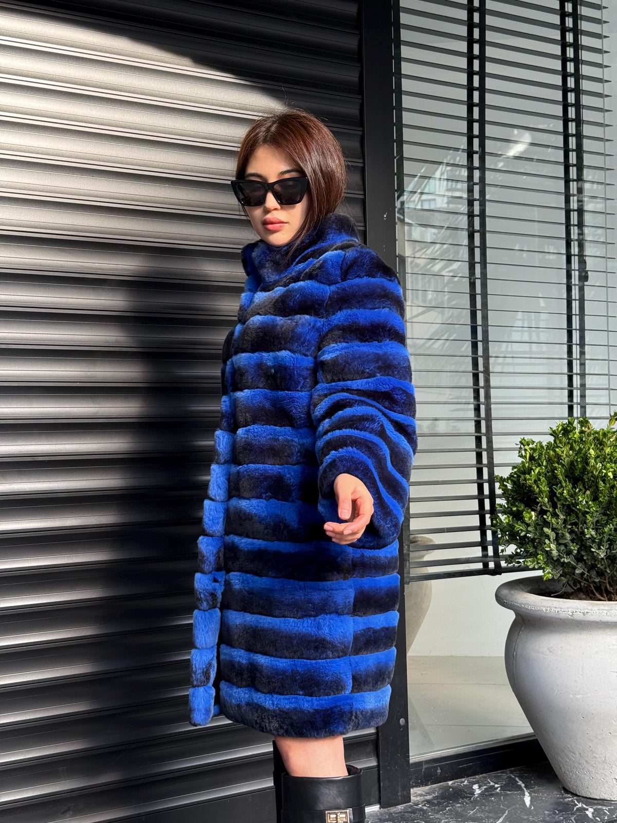 Sax Blue Luxury Handmade Women Chinchilla Pattern Rex Fur Coat | Soft Luxury Transformer Real Rex Fur Jacket Winter Outwear | Gift For Her