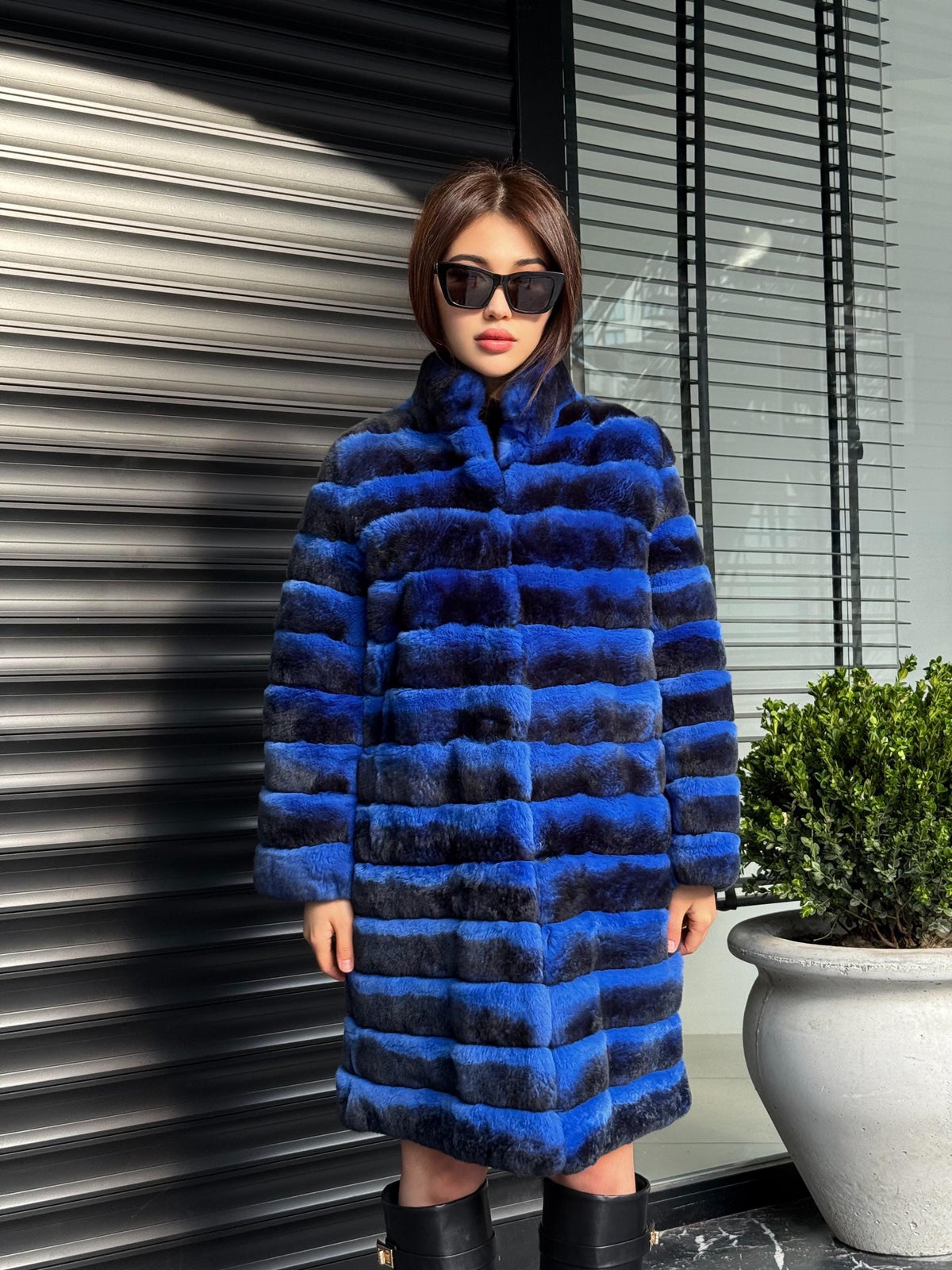 Sax Blue Luxury Handmade Women Chinchilla Pattern Rex Fur Coat | Soft Luxury Transformer Real Rex Fur Jacket Winter Outwear | Gift For Her