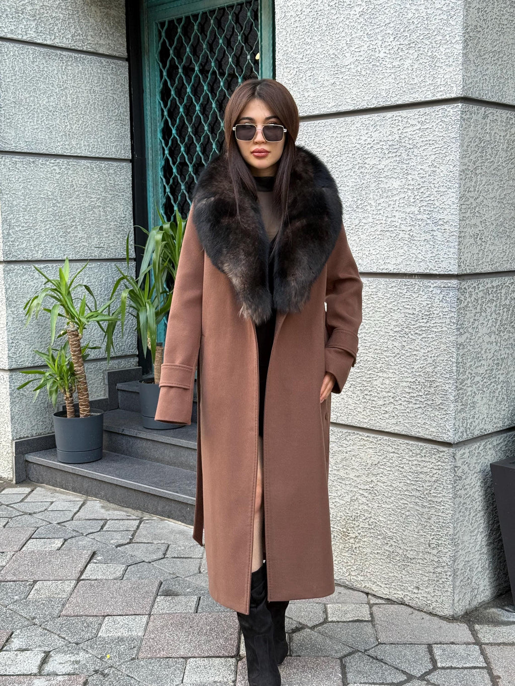 Brown Long Cashmere Collar Fox Fur Coat, Women Fox Fur Jacket. - Brown Fox Fur Jacket