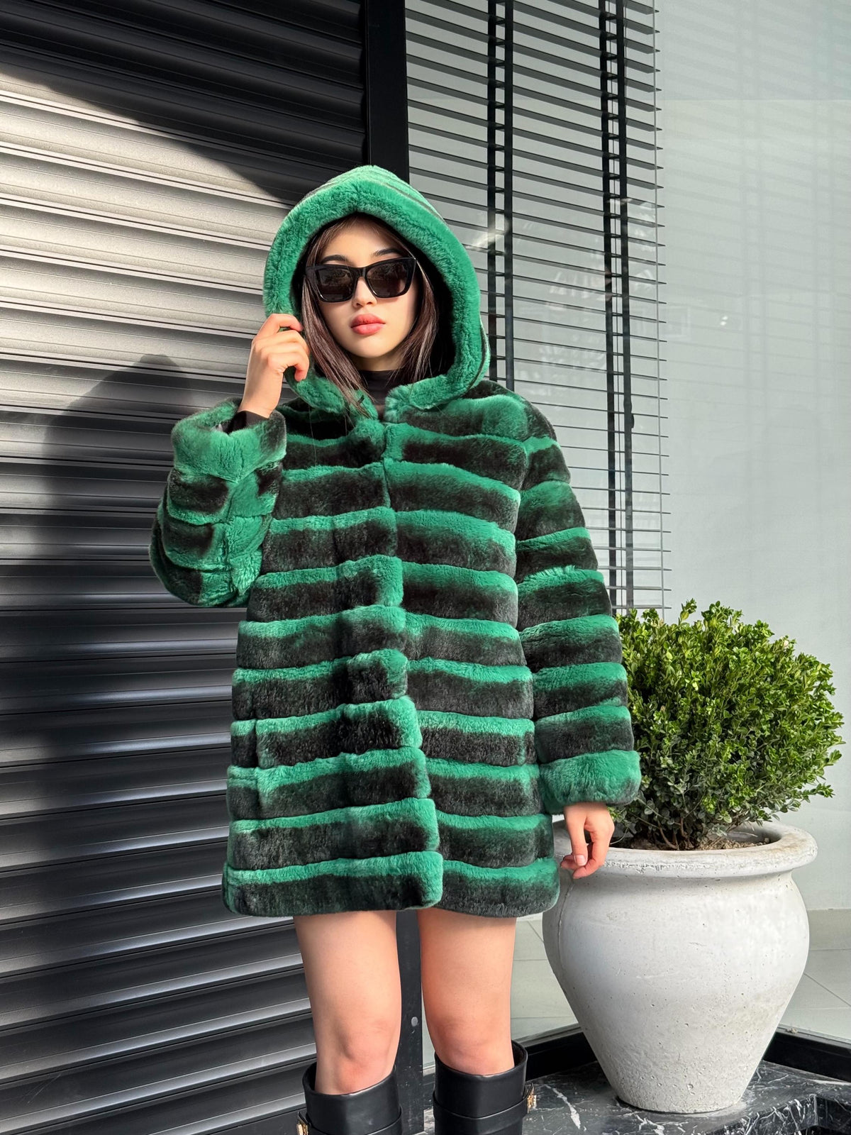 Green Luxury Handmade Women Chinchilla Pattern Rex Fur Coat With Hood | Soft Luxury Transformer Rex Fur Jacket Winter Outwear | Gift For Her