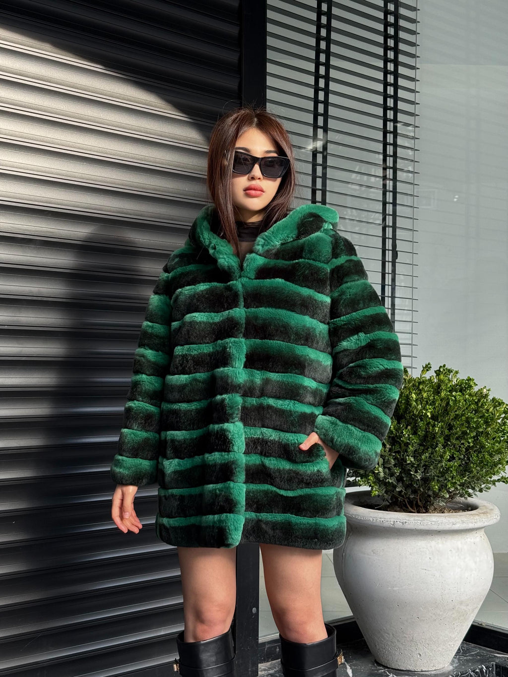 Green Luxury Handmade Women Chinchilla Pattern Rex Fur Coat With Hood | Soft Luxury Transformer Rex Fur Jacket Winter Outwear | Gift For Her