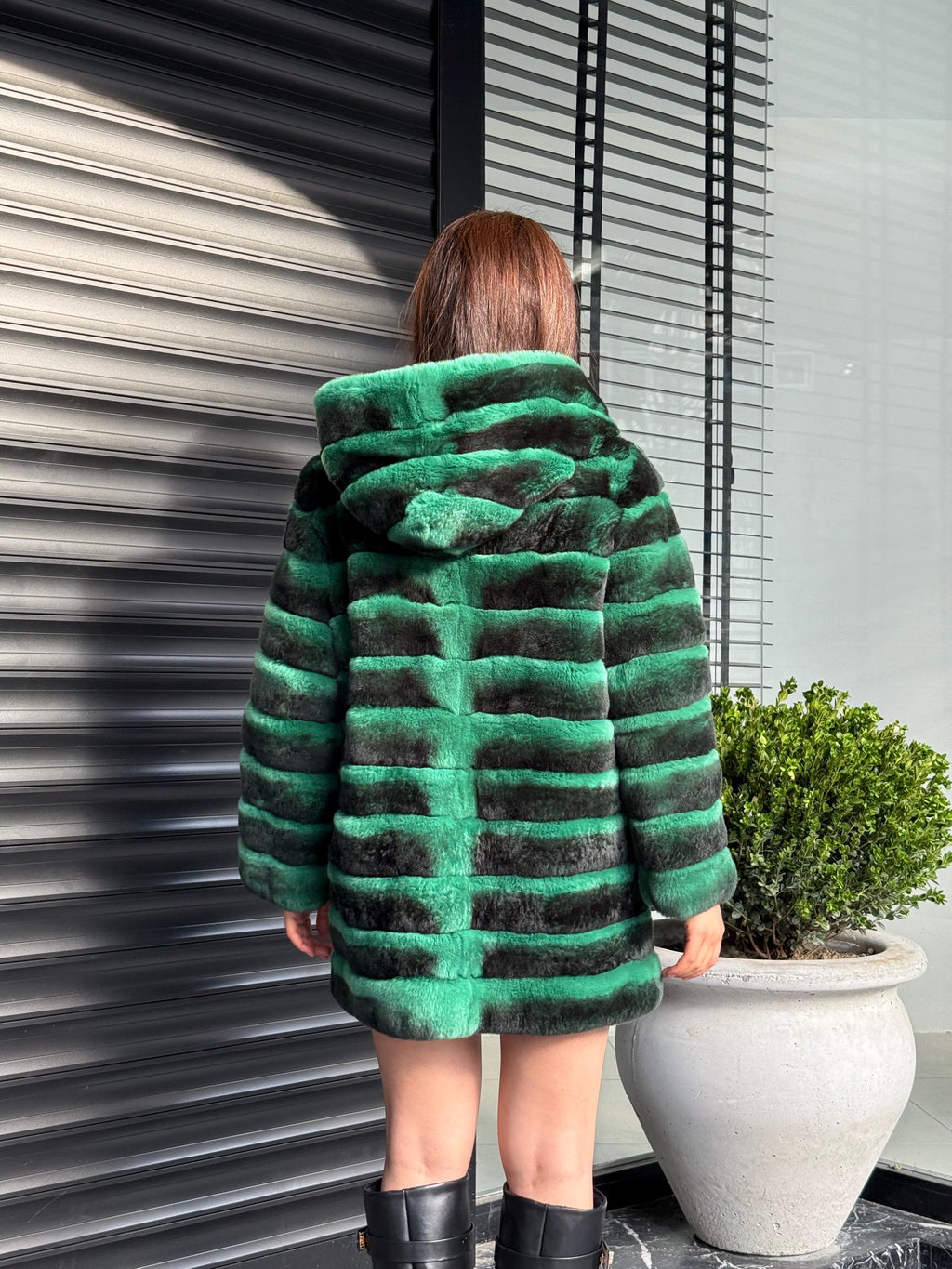 Green Luxury Handmade Women Chinchilla Pattern Rex Fur Coat With Hood | Soft Luxury Transformer Rex Fur Jacket Winter Outwear | Gift For Her