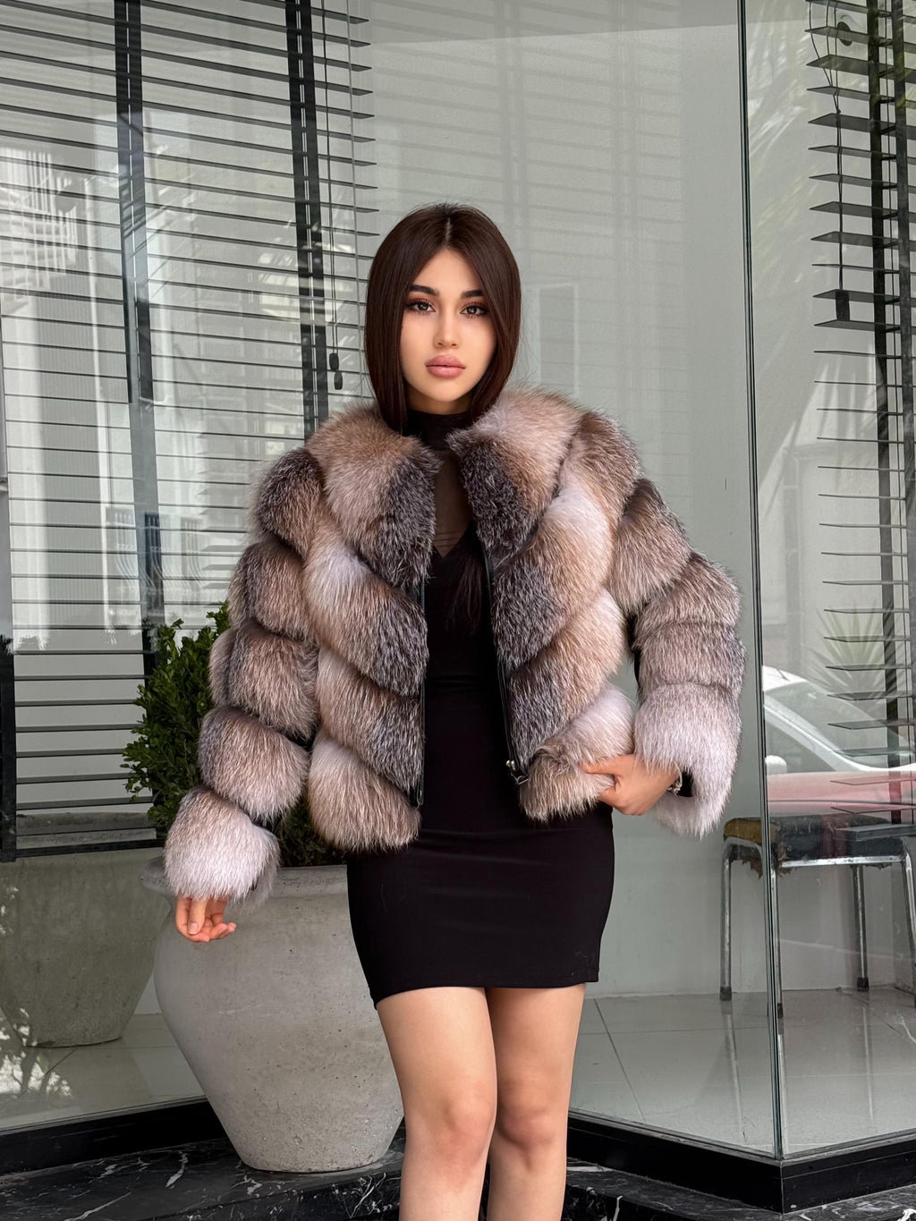 Luxury Women Frost Fox Fur Coat | Handmade Fox Fur Convertible Jacket with Detachable Sleeves | 2-in-1 Genuine Fox Fur Vest & Coat