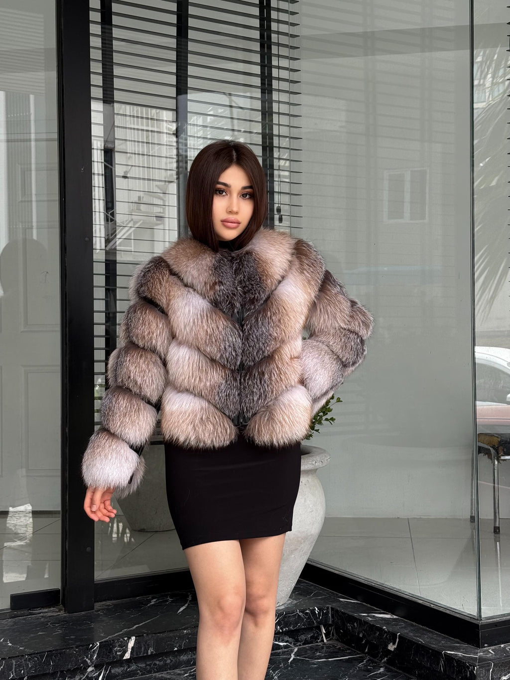 Luxury Women Frost Fox Fur Coat | Handmade Fox Fur Convertible Jacket with Detachable Sleeves | 2-in-1 Genuine Fox Fur Vest & Coat