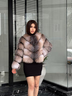 Luxury Women Frost Fox Fur Coat | Handmade Fox Fur Convertible Jacket with Detachable Sleeves | 2-in-1 Genuine Fox Fur Vest & Coat