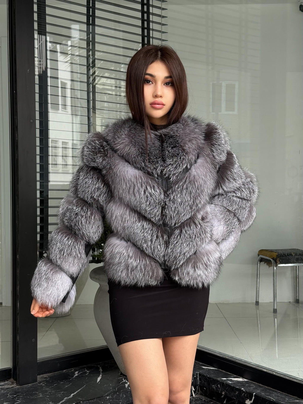 Gray Frost Fox Fur Coat | Luxury Women Handmade Fox Fur Convertible Jacket with Detachable Sleeves | 2-in-1 Genuine Fox Fur Vest & Coat