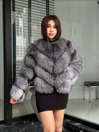 Gray Frost Fox Fur Coat | Luxury Women Handmade Fox Fur Convertible Jacket with Detachable Sleeves | 2-in-1 Genuine Fox Fur Vest & Coat