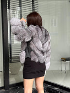 Gray Frost Fox Fur Coat | Luxury Women Handmade Fox Fur Convertible Jacket with Detachable Sleeves | 2-in-1 Genuine Fox Fur Vest & Coat