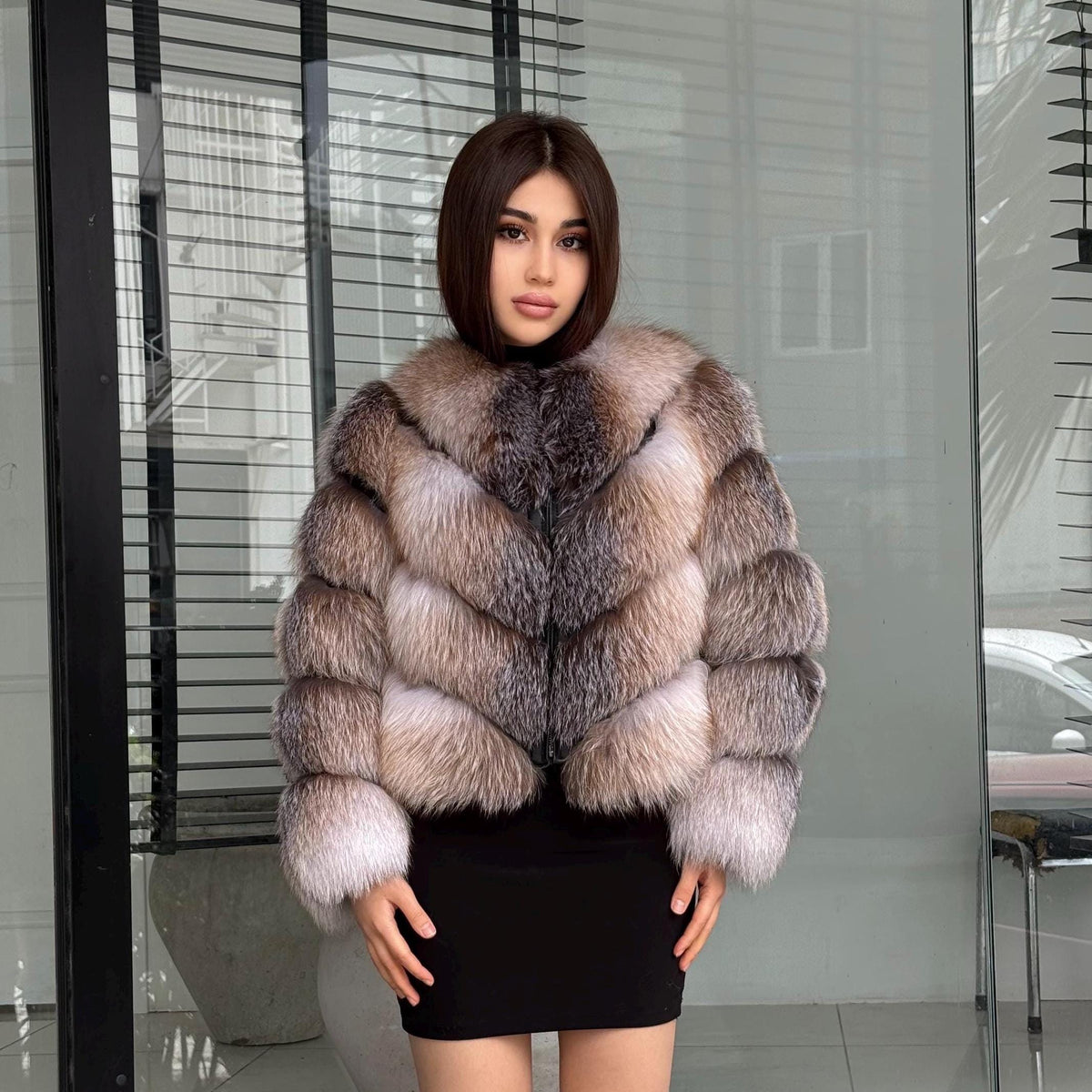 Luxury Women Frost Fox Fur Coat | Handmade Fox Fur Convertible Jacket with Detachable Sleeves | 2-in-1 Genuine Fox Fur Vest & Coat