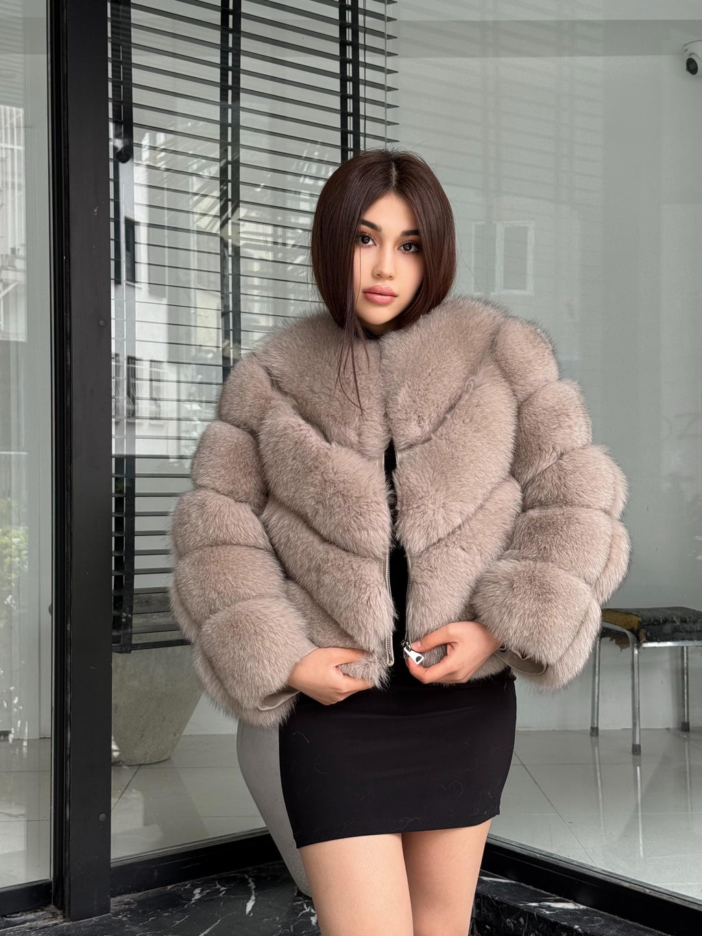 Powder Beige Fox Fur Coat | Women’s Handmade Luxury Fur Jacket With Removable Sleeves | Short Winter Warm outerwear | Gift For Her