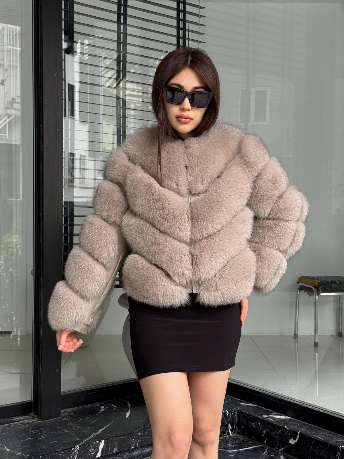 Powder Beige Fox Fur Coat | Women’s Handmade Luxury Fur Jacket With Removable Sleeves | Short Winter Warm outerwear | Gift For Her