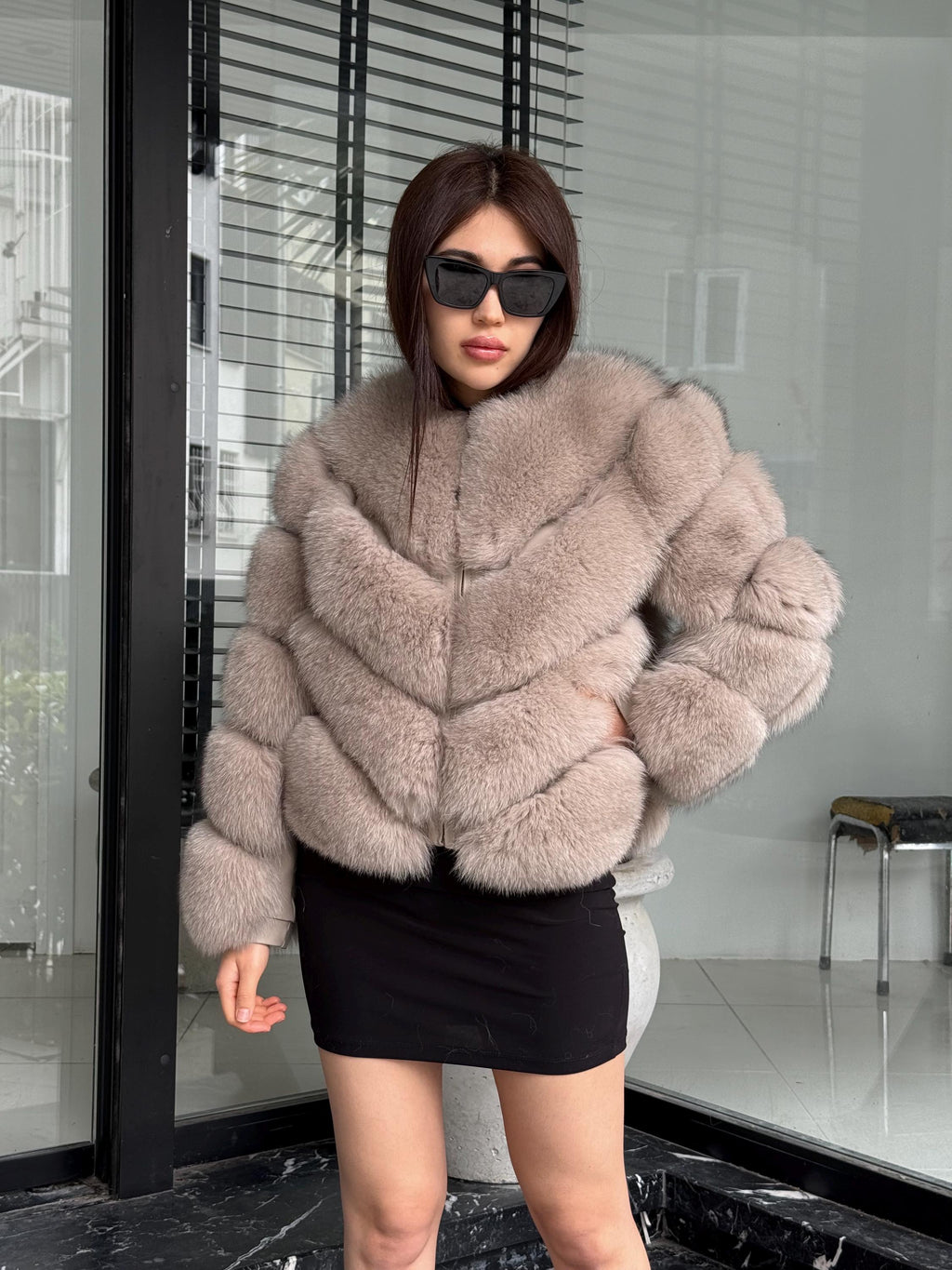 Powder Beige Fox Fur Coat | Women’s Handmade Luxury Fur Jacket With Removable Sleeves | Short Winter Warm outerwear | Gift For Her
