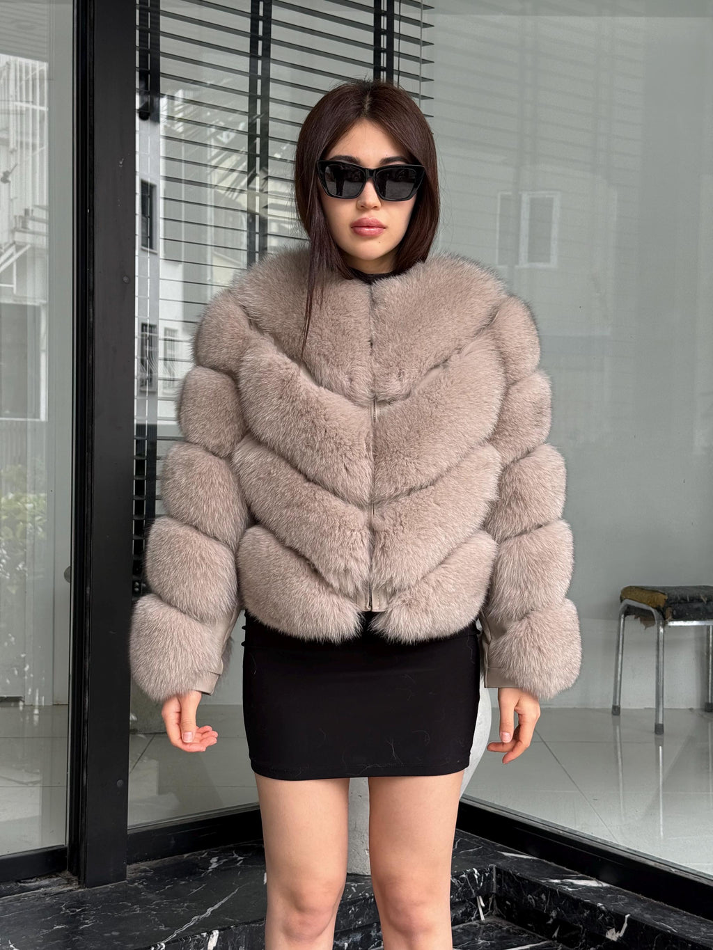 Powder Beige Fox Fur Coat | Women’s Handmade Luxury Fur Jacket With Removable Sleeves | Short Winter Warm outerwear | Gift For Her