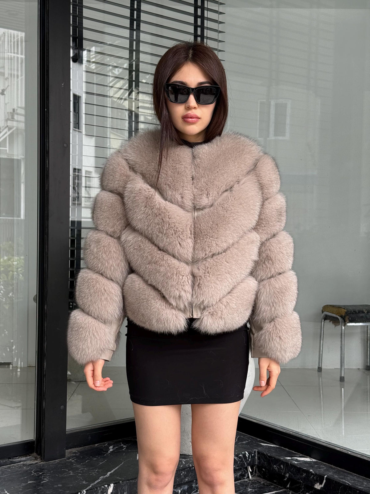 Powder Beige Fox Fur Coat | Women’s Handmade Luxury Fur Jacket With Removable Sleeves | Short Winter Warm outerwear | Gift For Her