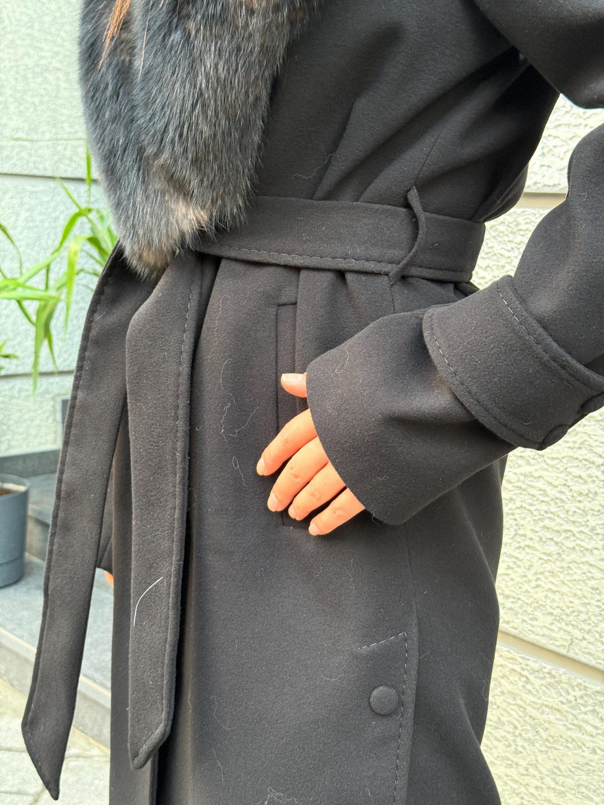 Black Cashmere Collar Fox Fur Coat - Women Collar Fox Fur Jacket - Black Fox Fur Trim Jacket - Collar Fox Fur Cape