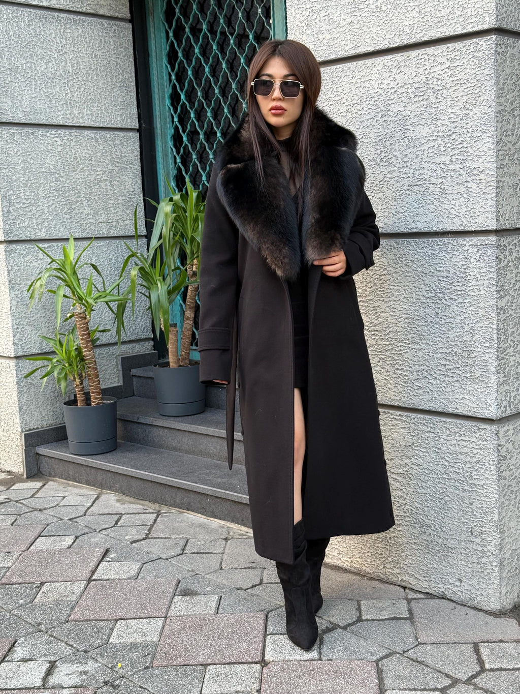 Black Cashmere Collar Fox Fur Coat - Women Collar Fox Fur Jacket - Black Fox Fur Trim Jacket - Collar Fox Fur Cape