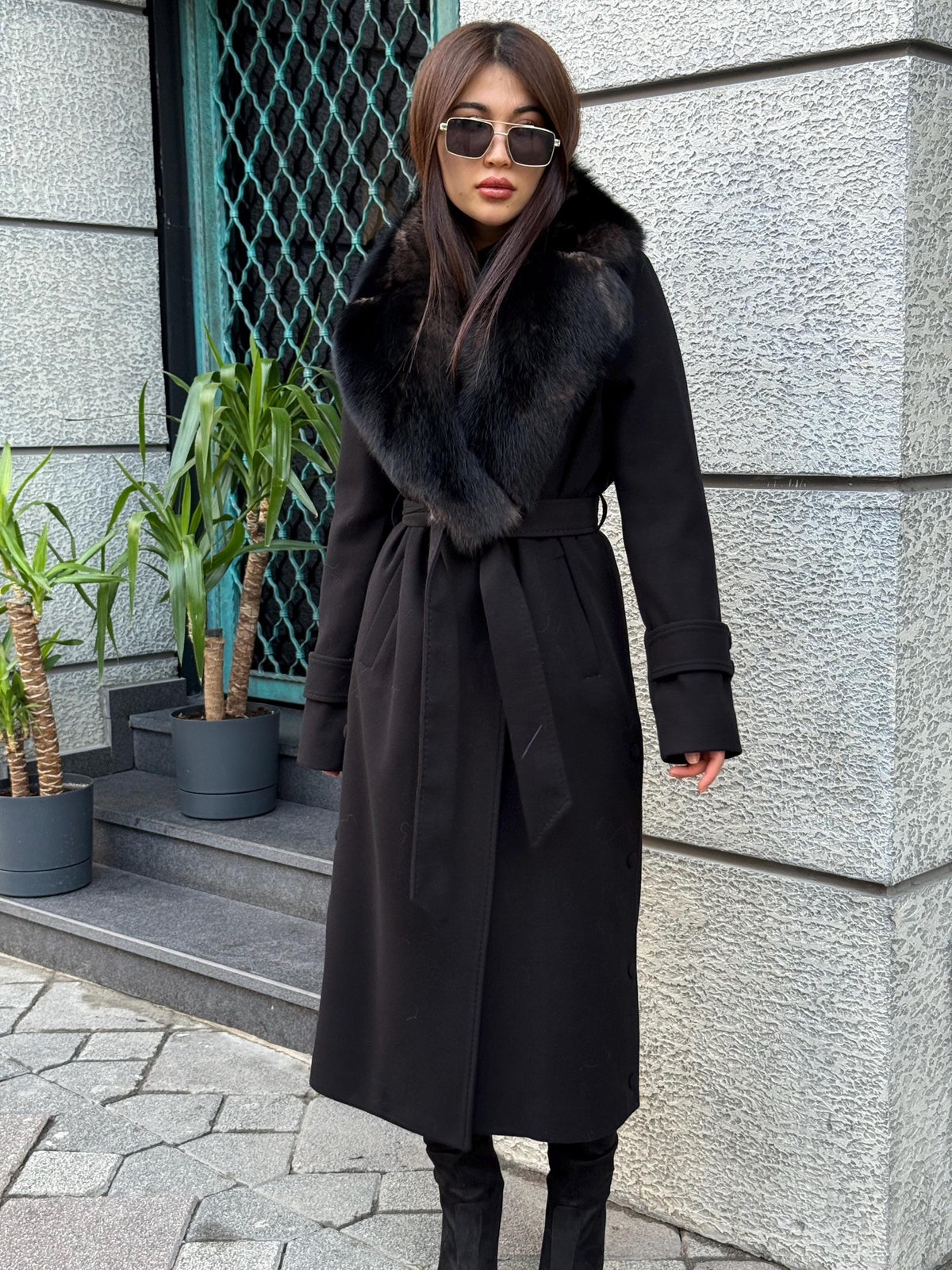 Black Cashmere Collar Fox Fur Coat - Women Collar Fox Fur Jacket - Black Fox Fur Trim Jacket - Collar Fox Fur Cape