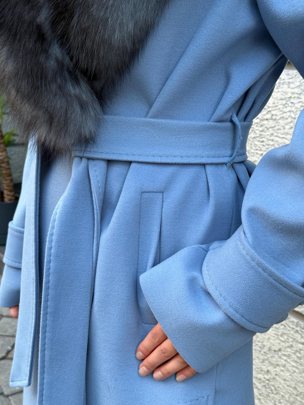 Sky Blue Luxury Cashmere Coat With Fox Fur Trim | Collar Fox Fur Coat | Handmade Plus Size Long Belted Wool Coat For Women, Fox Fur Coat