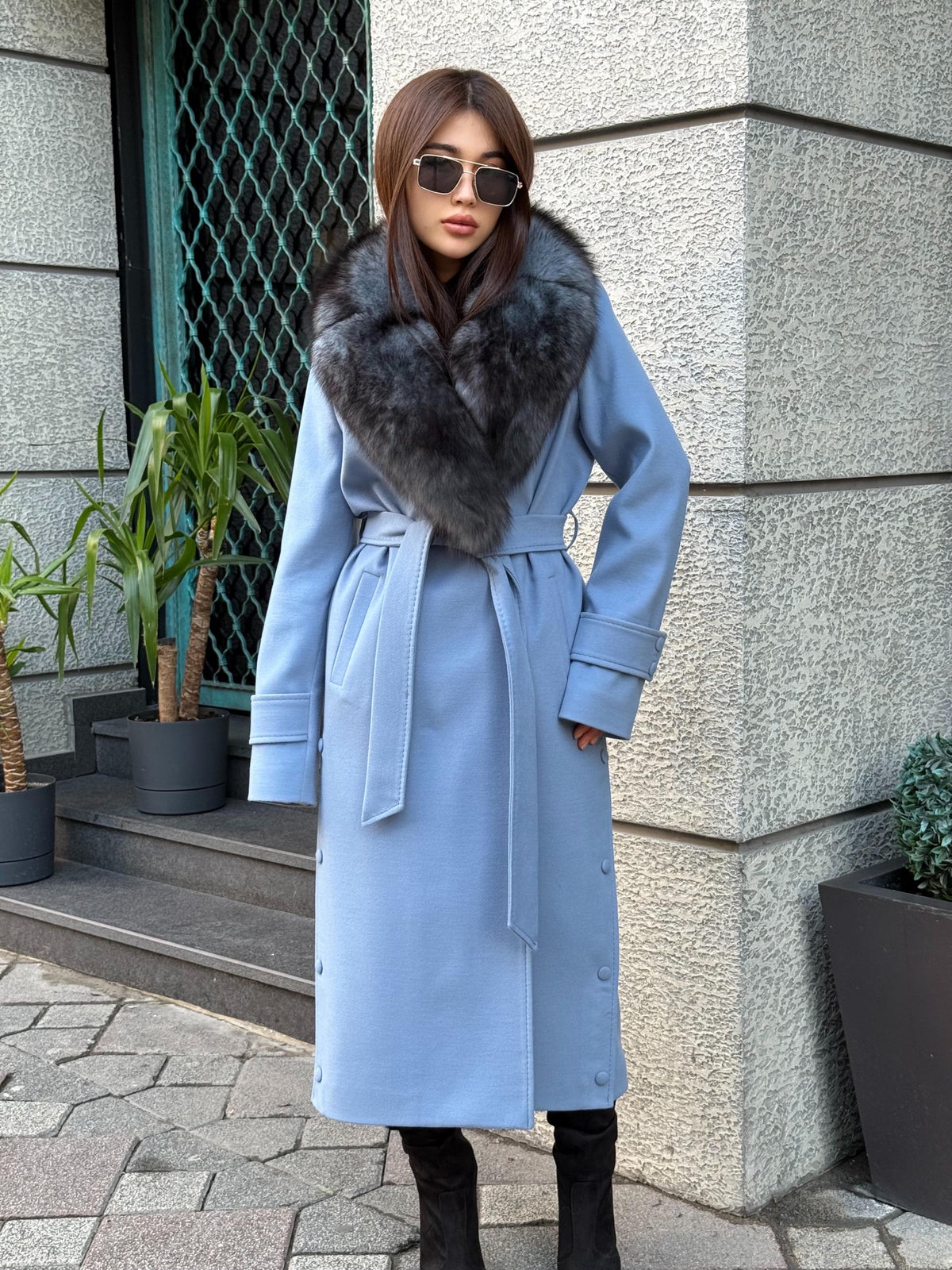 Sky Blue Luxury Cashmere Coat With Fox Fur Trim | Collar Fox Fur Coat | Handmade Plus Size Long Belted Wool Coat For Women, Fox Fur Coat