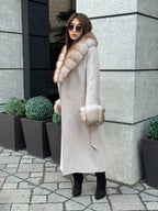 Beige Long Cashmere Blend Coat . Womens Collar & Cuffs - Huge Fox Fur Jacket