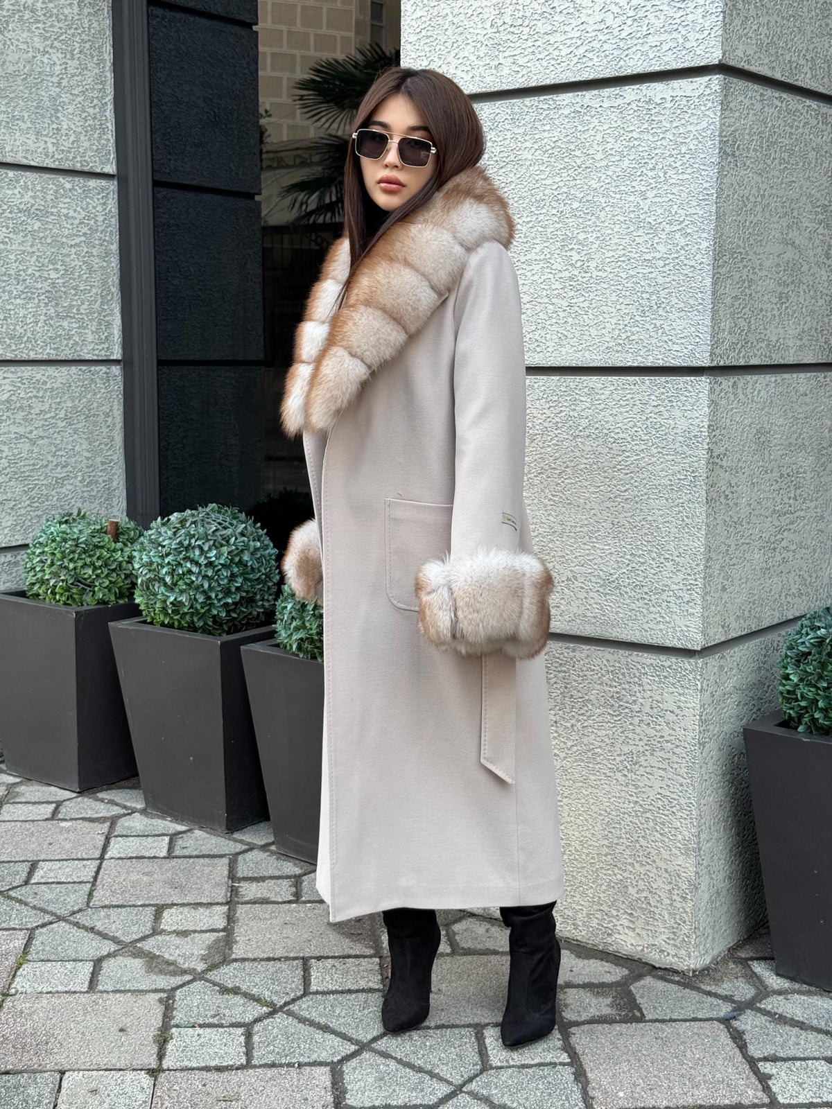 Beige Long Cashmere Blend Coat . Womens Collar & Cuffs - Huge Fox Fur Jacket