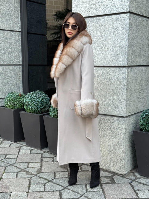 Beige Long Cashmere Blend Coat . Womens Collar & Cuffs - Huge Fox Fur Jacket