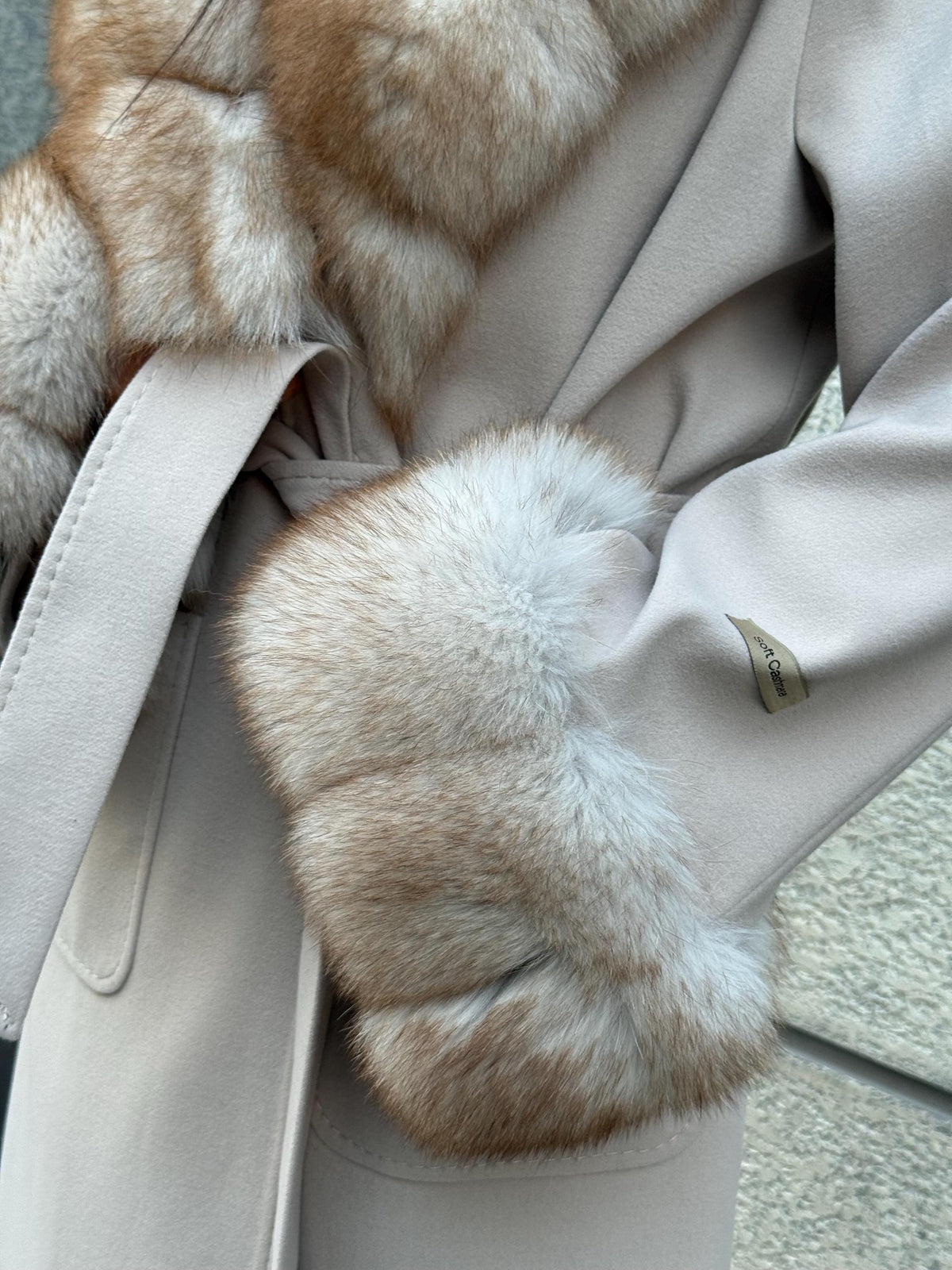 Beige Long Cashmere Blend Coat . Womens Collar & Cuffs - Huge Fox Fur Jacket