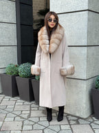 Beige Long Cashmere Blend Coat . Womens Collar & Cuffs - Huge Fox Fur Jacket