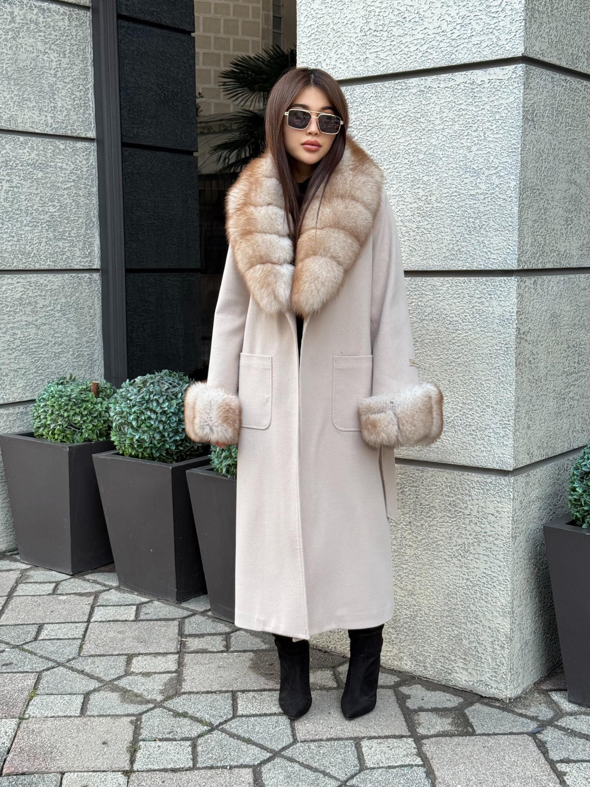Beige Long Cashmere Blend Coat . Womens Collar & Cuffs - Huge Fox Fur Jacket