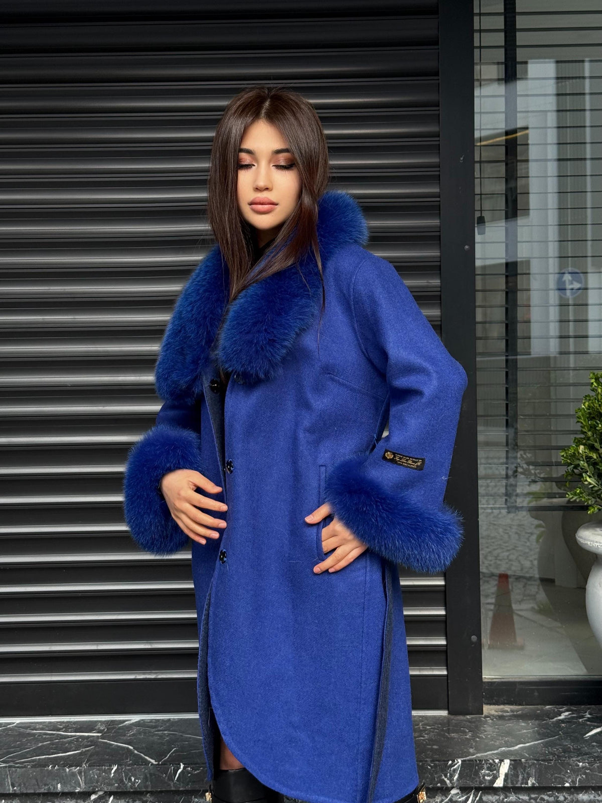 Sax Blue Alpaca Coat With Fox Fur Trim . Luxury Collar Cuffs Fox Fur Coat | Soft & Warm Handmade Wool Women’s Outerwear